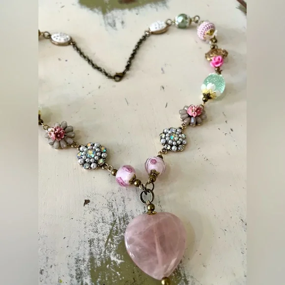 NEW!! Heart Pink Stone Necklace Peacock Earrings Set Handmade Design - Picture 3 of 15